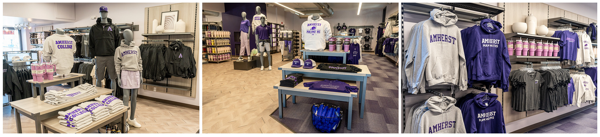 Three views of a retail store showing Amherst College merchandise